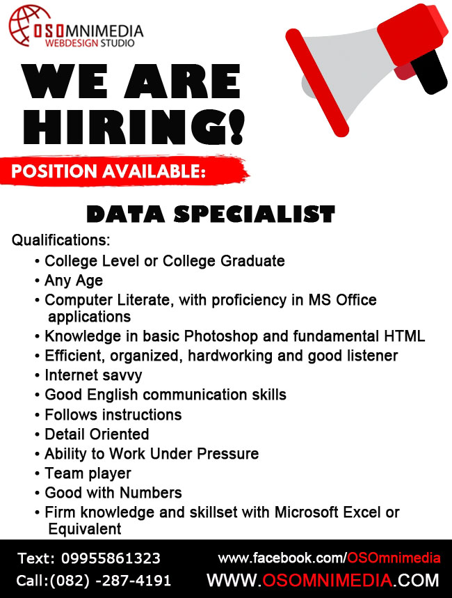 Davao City Career Opportunities Data Specialist Job Opening